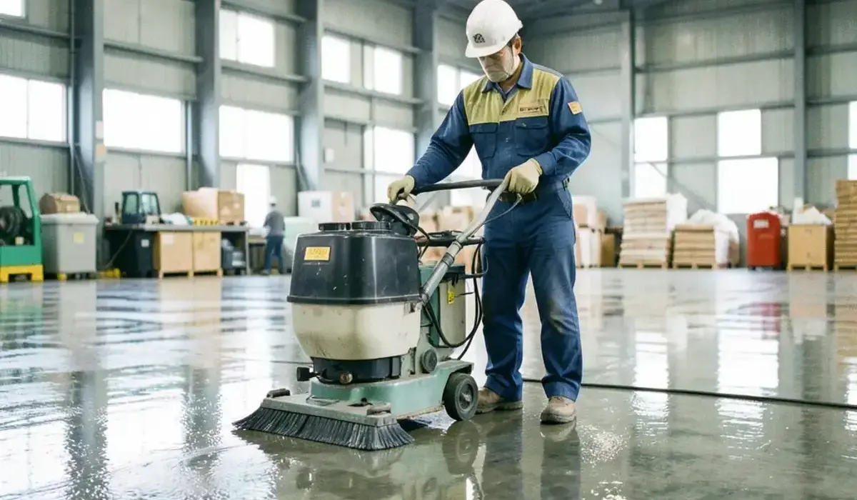 工場床面を清掃するTIKLU LTDスタッフ